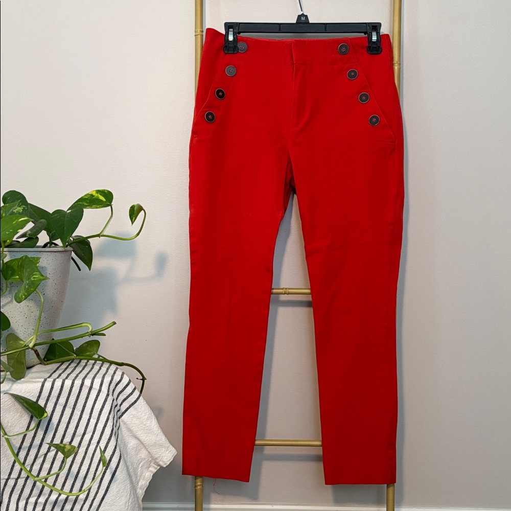 Red Slim-Fit Button-Accent Pants